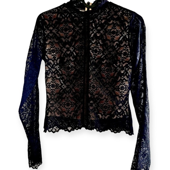 Aritzia Wilfred Adrienne Black Lined mock neck Longsleeve lace blouse top sz XXS - Picture 2 of 5